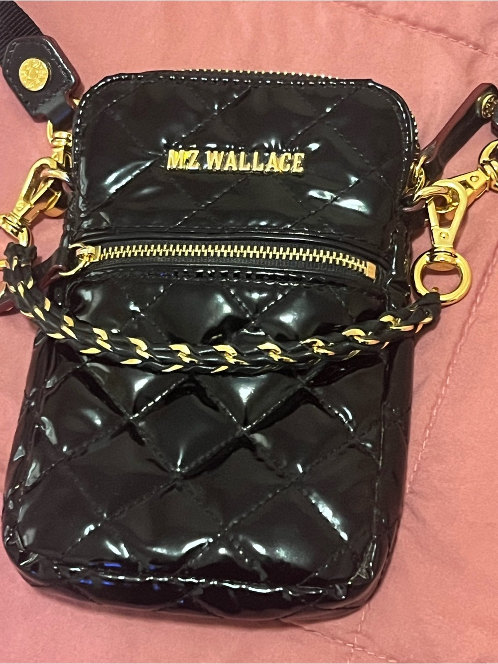 MZ Wallace Black Quilted Patent Crossbody with Gold Hardware